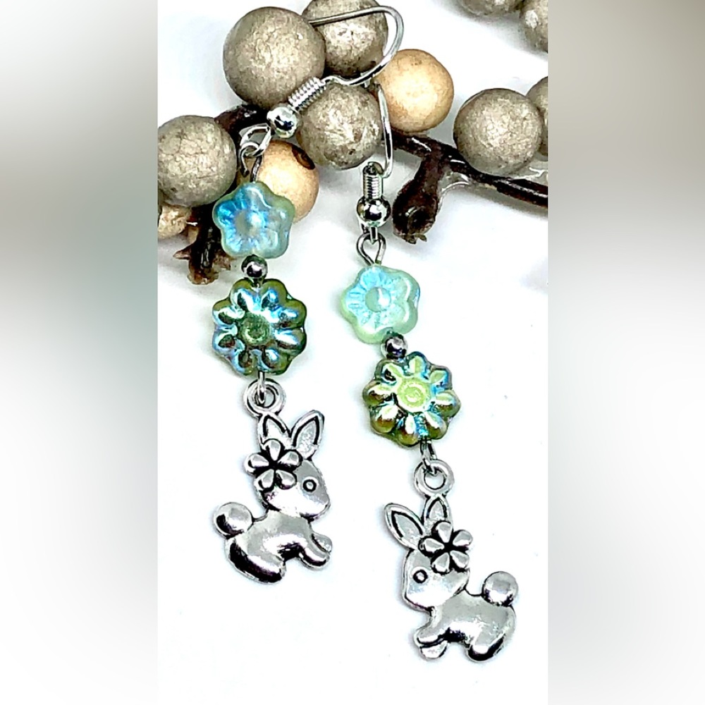Easter Bunny Rabbit Lt Green AB Blue Luster Czech Glass Flower Spring Earrings